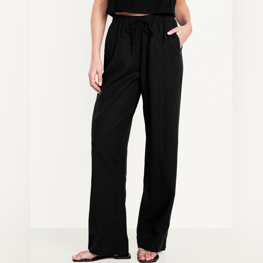 NWT! Black High-Waisted Linen-Blend Straight Pants - Multiple Sizes🔹 - Picture 2 of 10